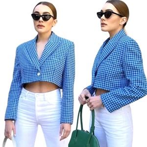 Like new - ZARA Blue Black Checked Cropped Blazer Jacket        Size:  XS